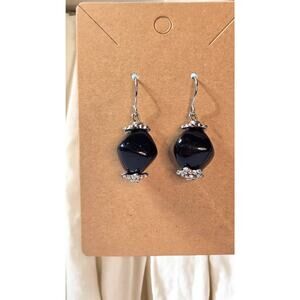 Black Glass Drop Earrings Silver Tone Dangle Vintage Minimalist Dark Glam